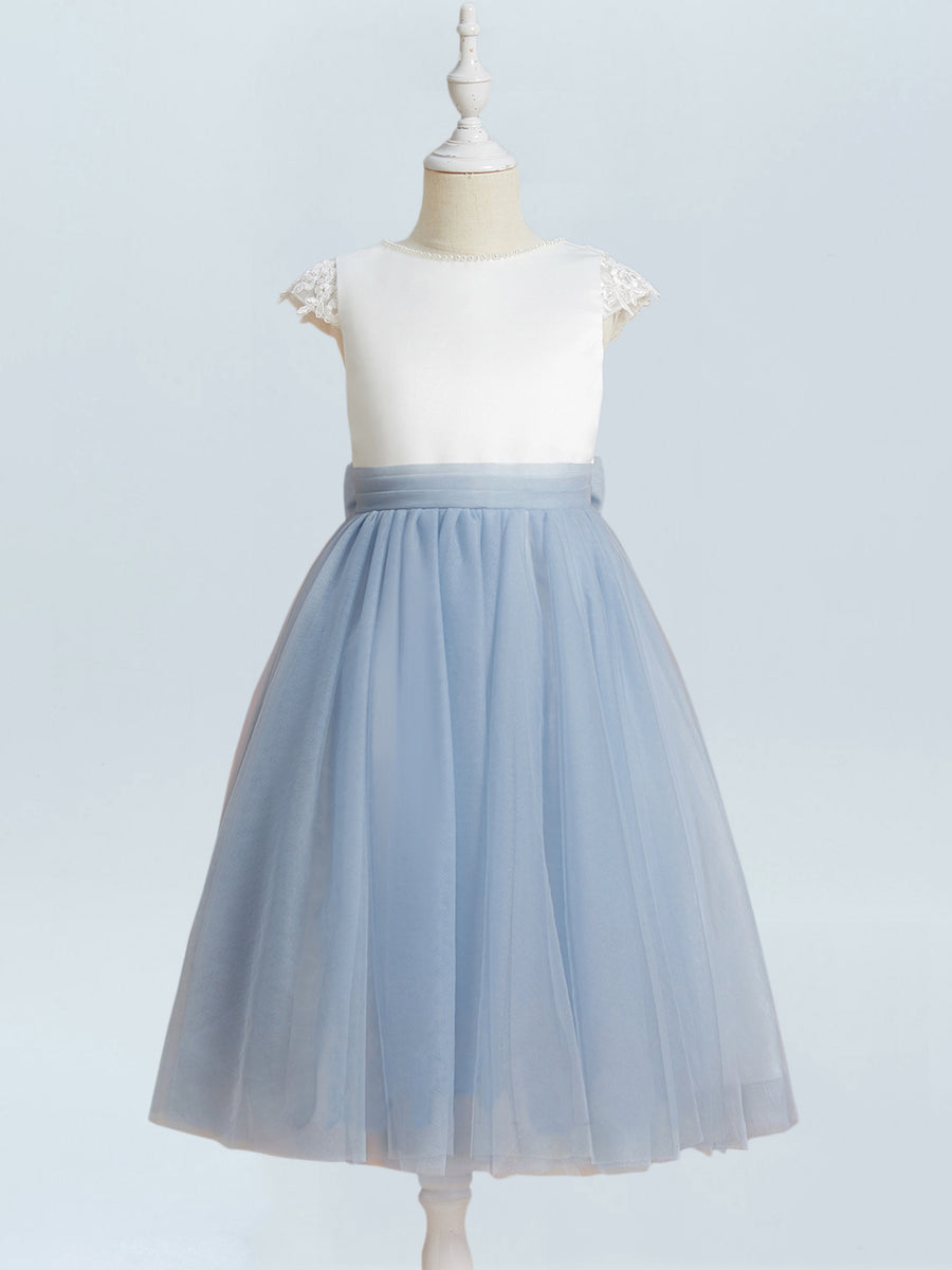 Satin A-Line Scoop Neck Half Sleeves Floweer Girl Dress-B500125