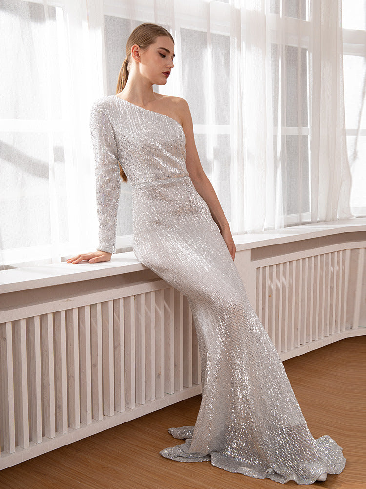 Sequin Mermaid One Shoulder Long Sleeves Dress-BM00036