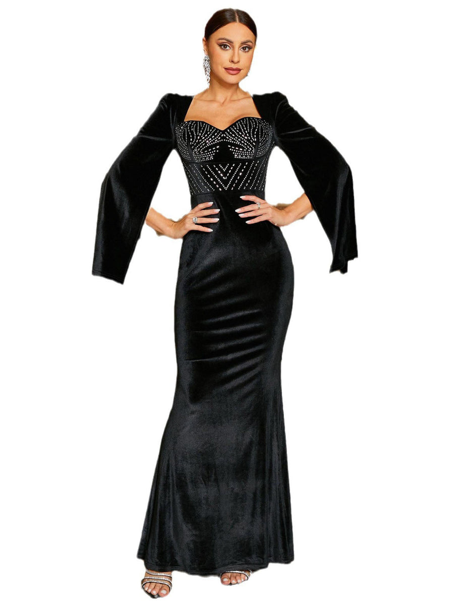 Velvet Sheath Sweetheart Long Sleeves-Dress-BM00037