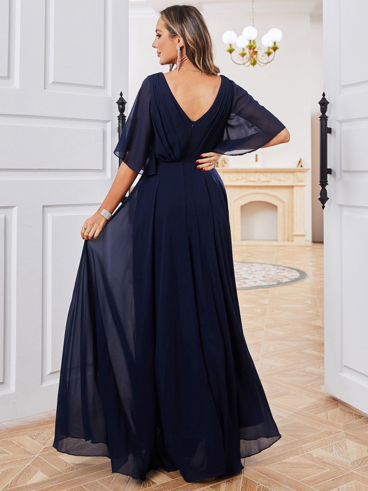 Chiffon A-Line V-Neck Half Sleeves-Dress-BM00042