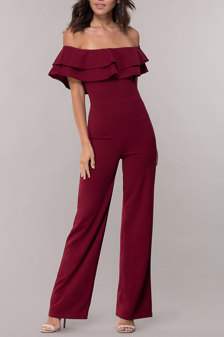 Chiffon Column Off-the-shoulder Sleeveless Fashion Bridesmaid Jumpsuit-S00034