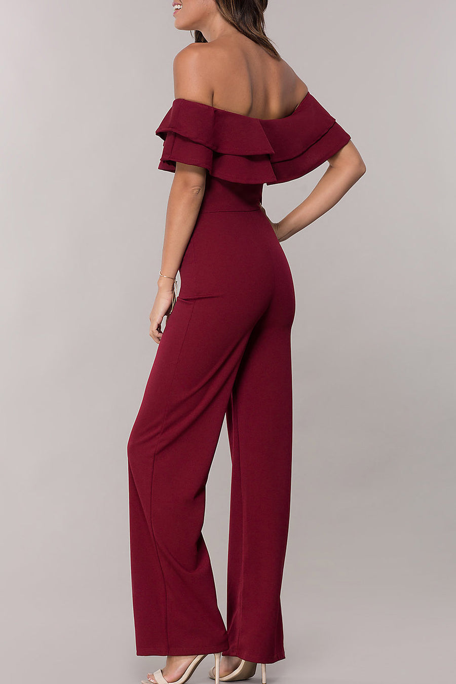 Chiffon Column Off-the-shoulder Sleeveless Fashion Bridesmaid Jumpsuit-S00034