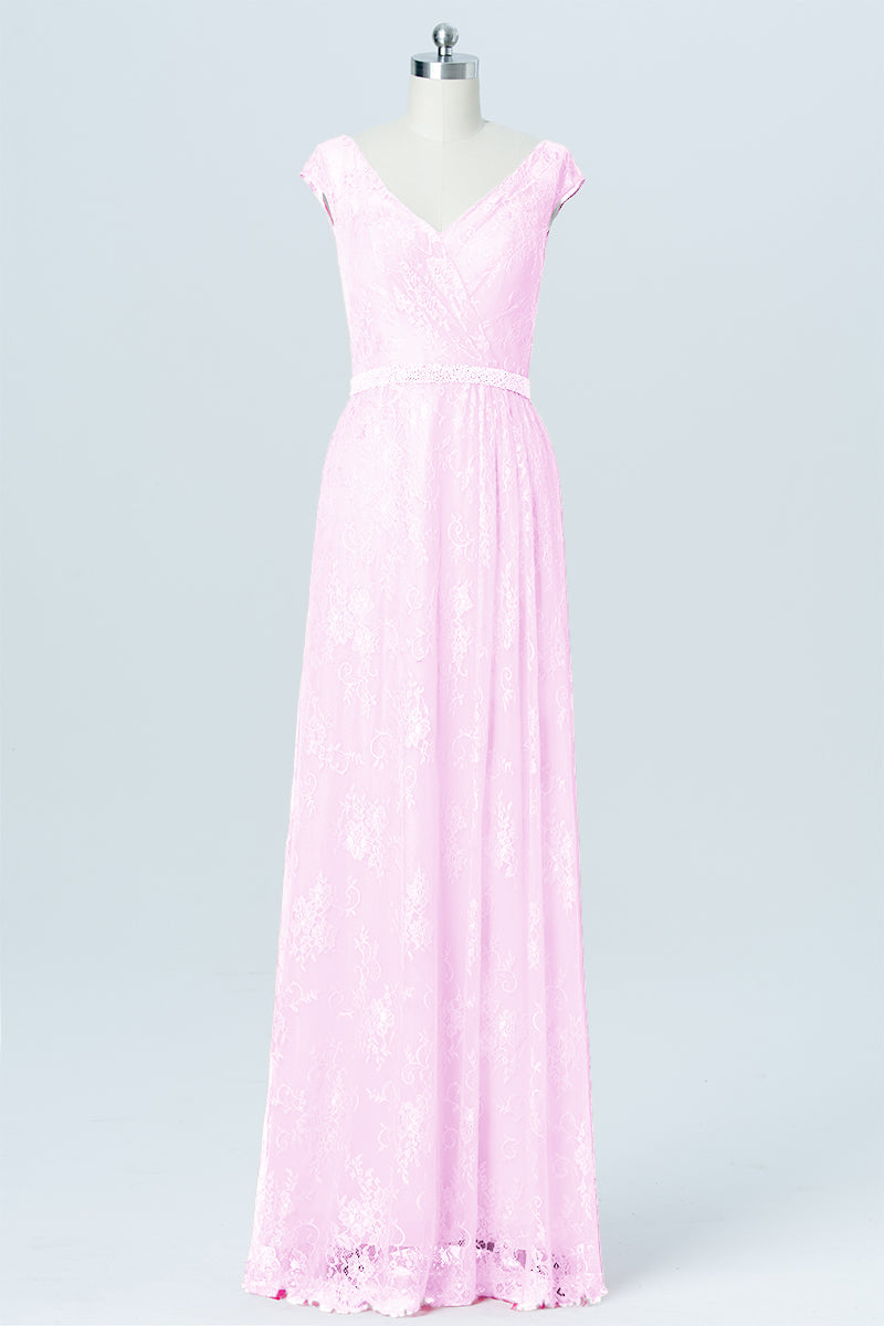 Lace Column V-Neck Cap Sleeves Bridesmaid Dress-B03000