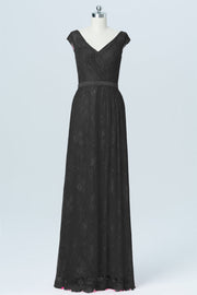 Lace Column V-Neck Cap Sleeves Bridesmaid Dress-B03000