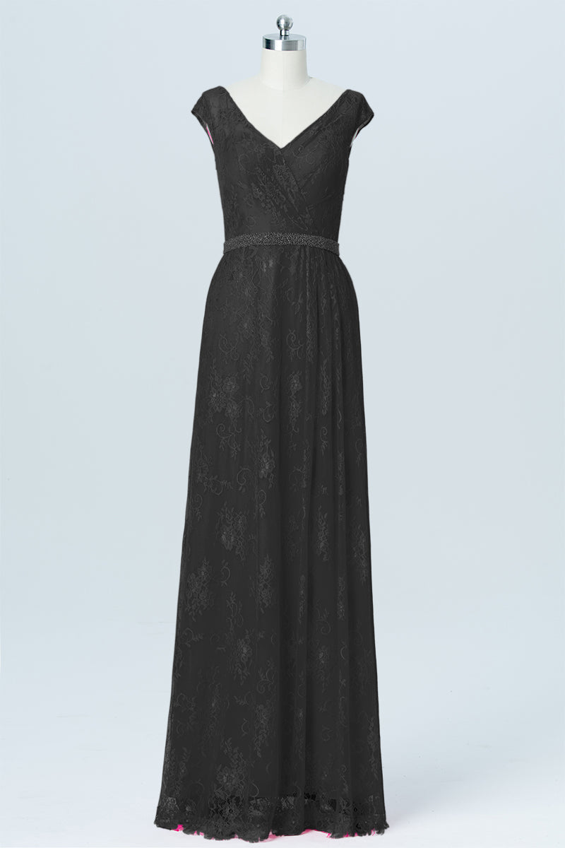 Lace Column V-Neck Cap Sleeves Bridesmaid Dress-B03000