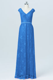 Lace Column V-Neck Cap Sleeves Bridesmaid Dress-B03000