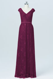 Lace Column V-Neck Cap Sleeves Bridesmaid Dress-B03000