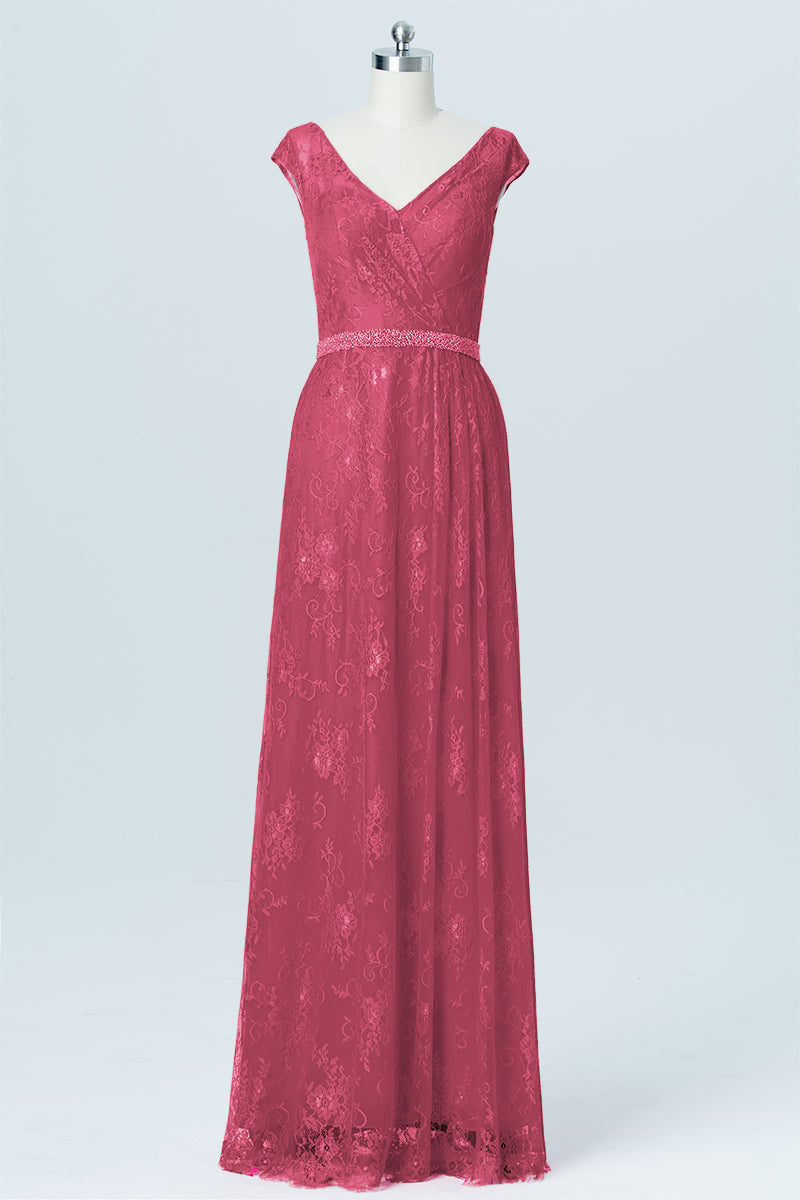 Lace Column V-Neck Cap Sleeves Bridesmaid Dress-B03000