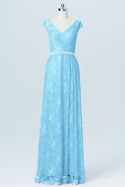 Lace Column V-Neck Cap Sleeves Bridesmaid Dress-B03000