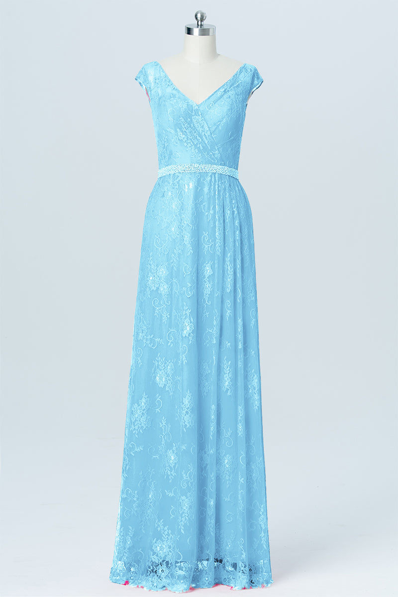 Lace Column V-Neck Cap Sleeves Bridesmaid Dress-B03000