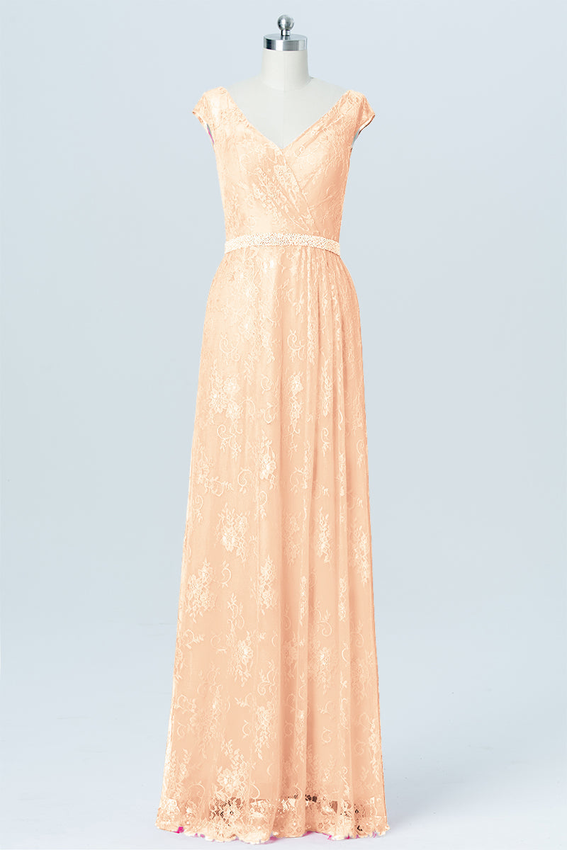Lace Column V-Neck Cap Sleeves Bridesmaid Dress-B03000