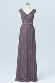 Lace Column V-Neck Cap Sleeves Bridesmaid Dress-B03000
