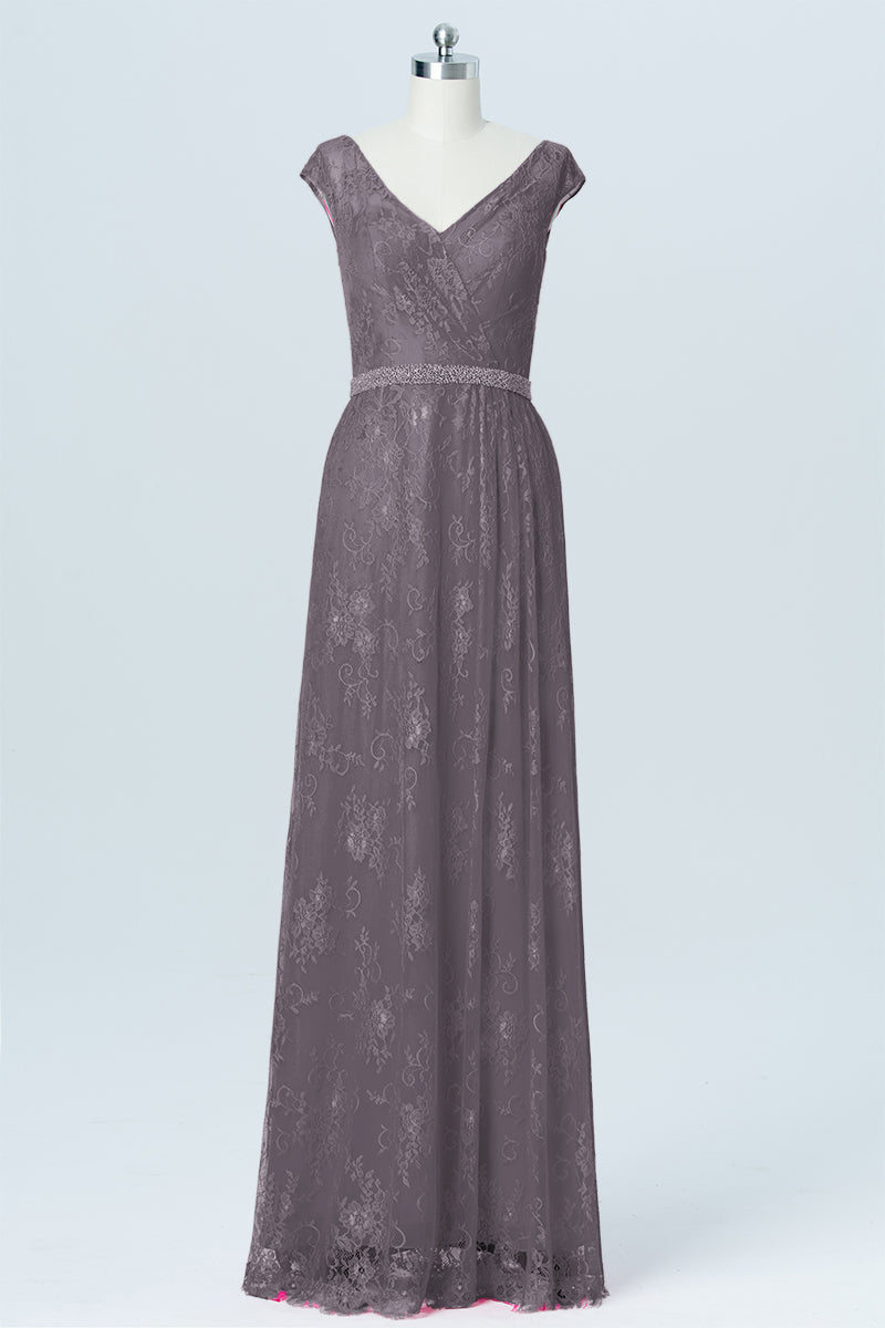 Lace Column V-Neck Cap Sleeves Bridesmaid Dress-B03000