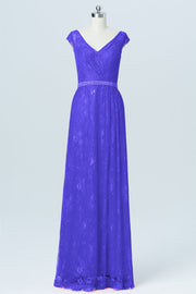 Lace Column V-Neck Cap Sleeves Bridesmaid Dress-B03000