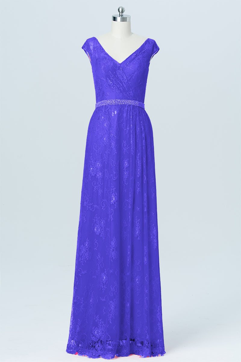 Lace Column V-Neck Cap Sleeves Bridesmaid Dress-B03000