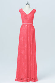 Lace Column V-Neck Cap Sleeves Bridesmaid Dress-B03000