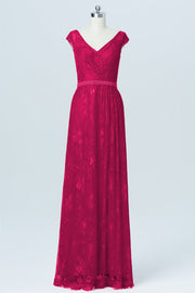 Lace Column V-Neck Cap Sleeves Bridesmaid Dress-B03000