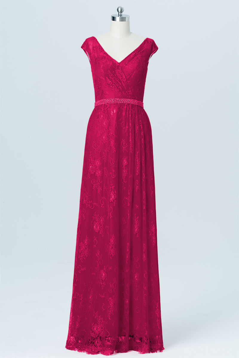 Lace Column V-Neck Cap Sleeves Bridesmaid Dress-B03000