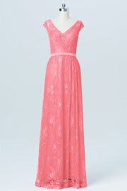 Lace Column V-Neck Cap Sleeves Bridesmaid Dress-B03000