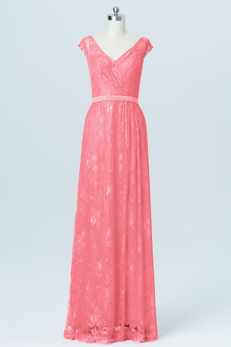 Lace Column V-Neck Cap Sleeves Bridesmaid Dress-B03000