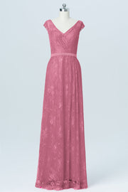 Lace Column V-Neck Cap Sleeves Bridesmaid Dress-B03000