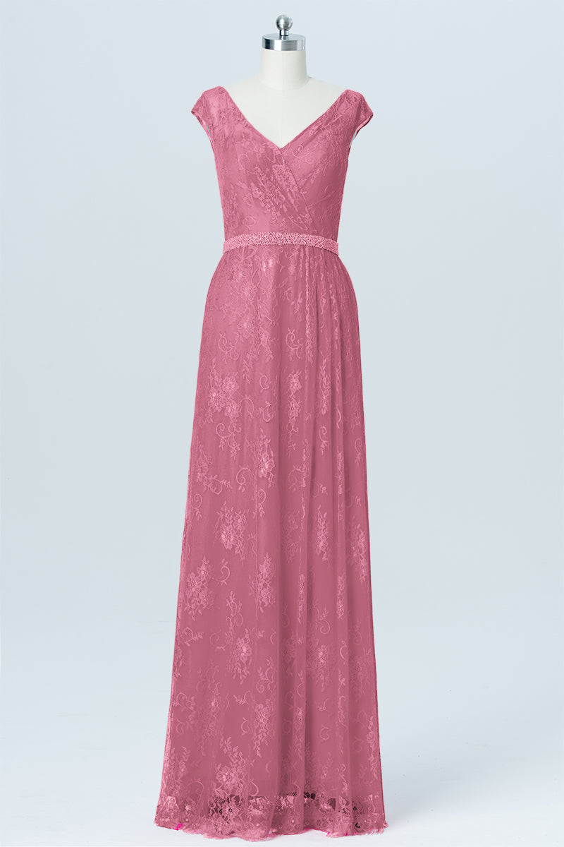 Lace Column V-Neck Cap Sleeves Bridesmaid Dress-B03000