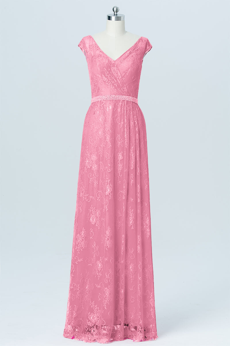 Lace Column V-Neck Cap Sleeves Bridesmaid Dress-B03000
