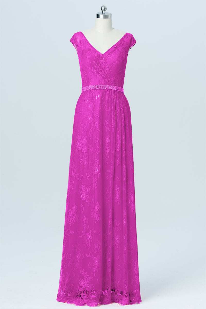 Lace Column V-Neck Cap Sleeves Bridesmaid Dress-B03000