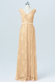 Lace Column V-Neck Cap Sleeves Bridesmaid Dress-B03000