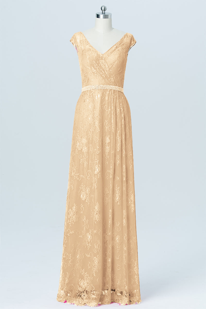 Lace Column V-Neck Cap Sleeves Bridesmaid Dress-B03000
