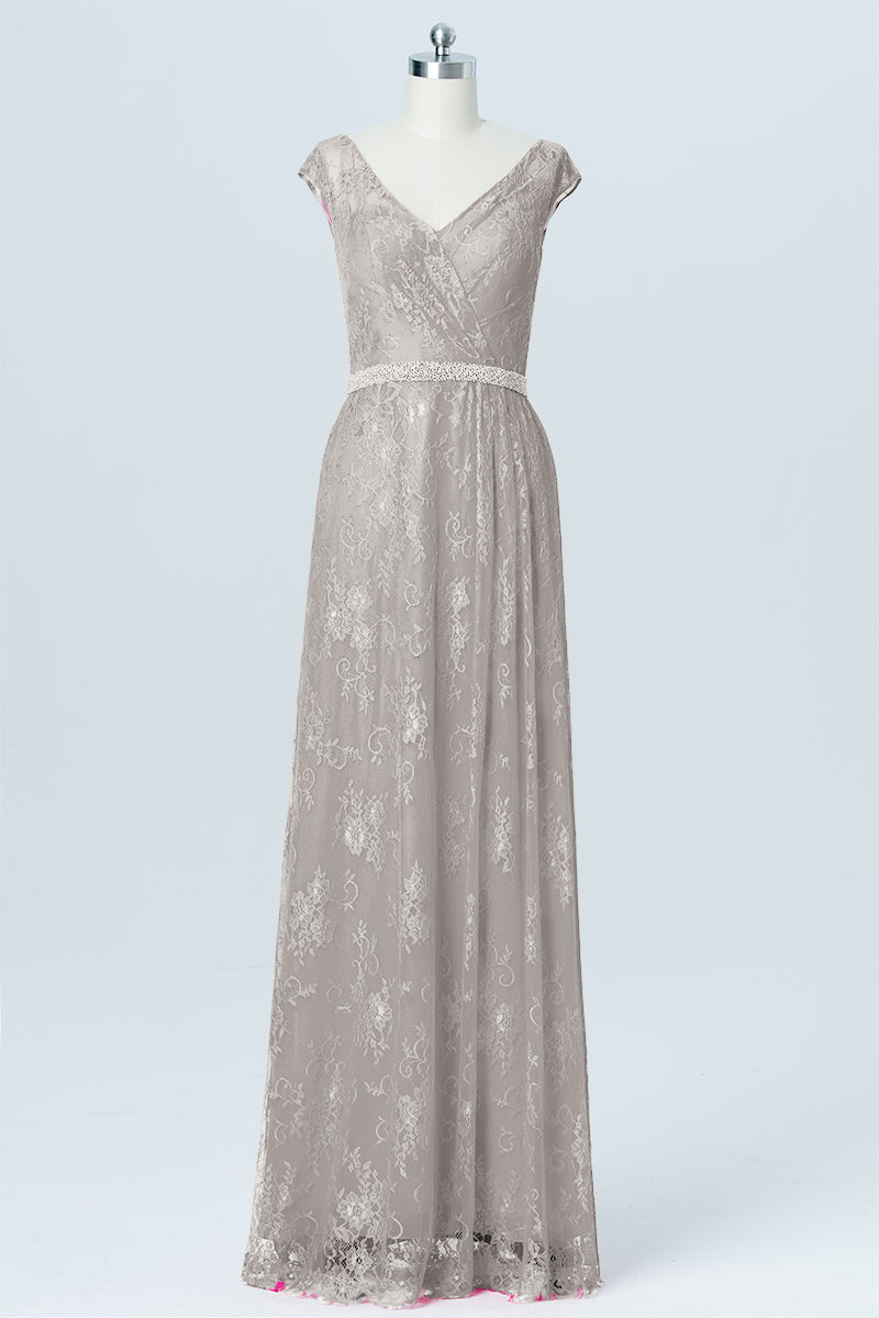 Lace Column V-Neck Cap Sleeves Bridesmaid Dress-B03000