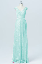 Lace Column V-Neck Cap Sleeves Bridesmaid Dress-B03000