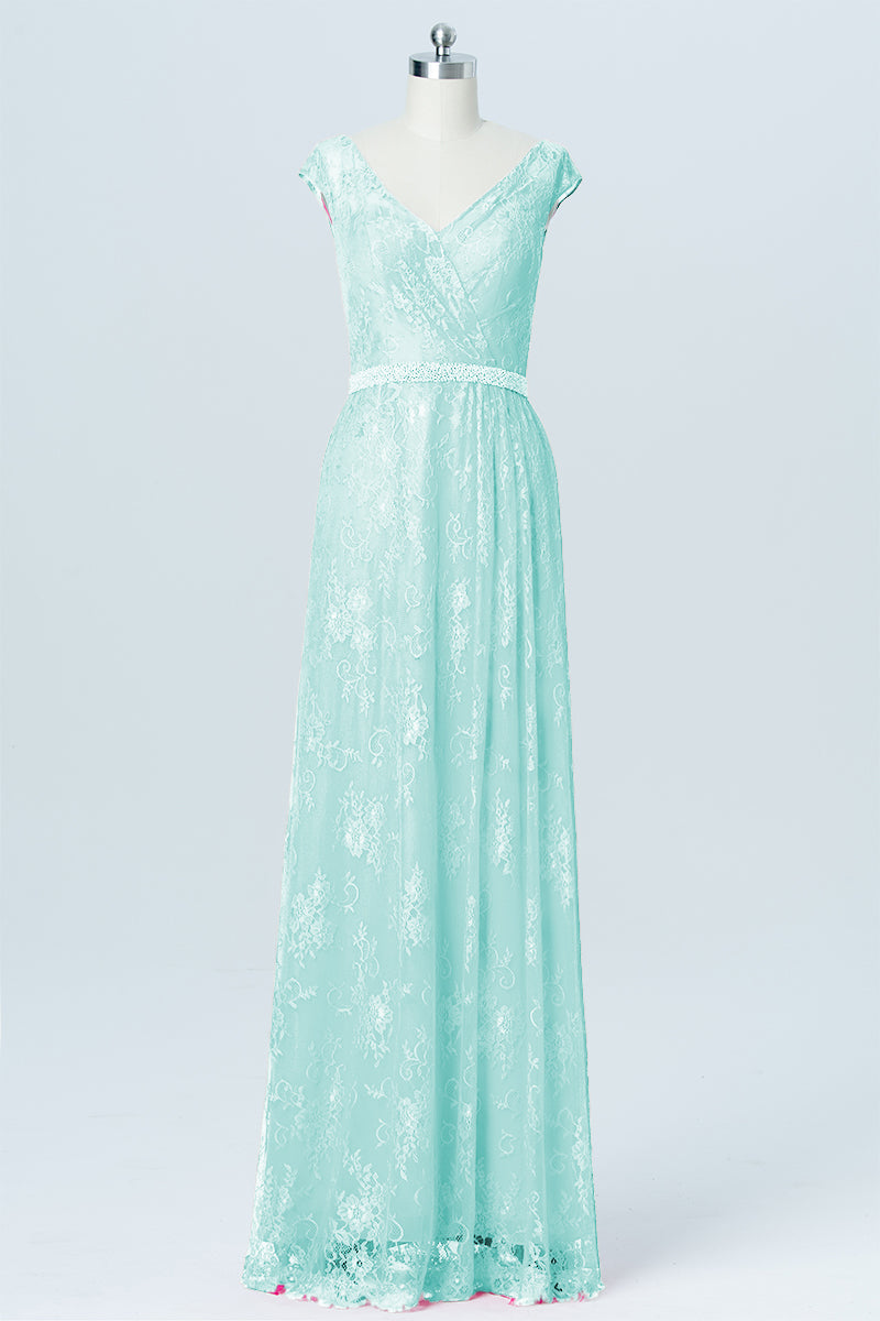 Lace Column V-Neck Cap Sleeves Bridesmaid Dress-B03000