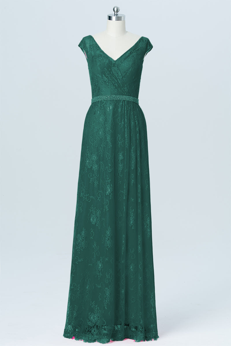 Lace Column V-Neck Cap Sleeves Bridesmaid Dress-B03000