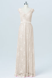 Lace Column V-Neck Cap Sleeves Bridesmaid Dress-B03000
