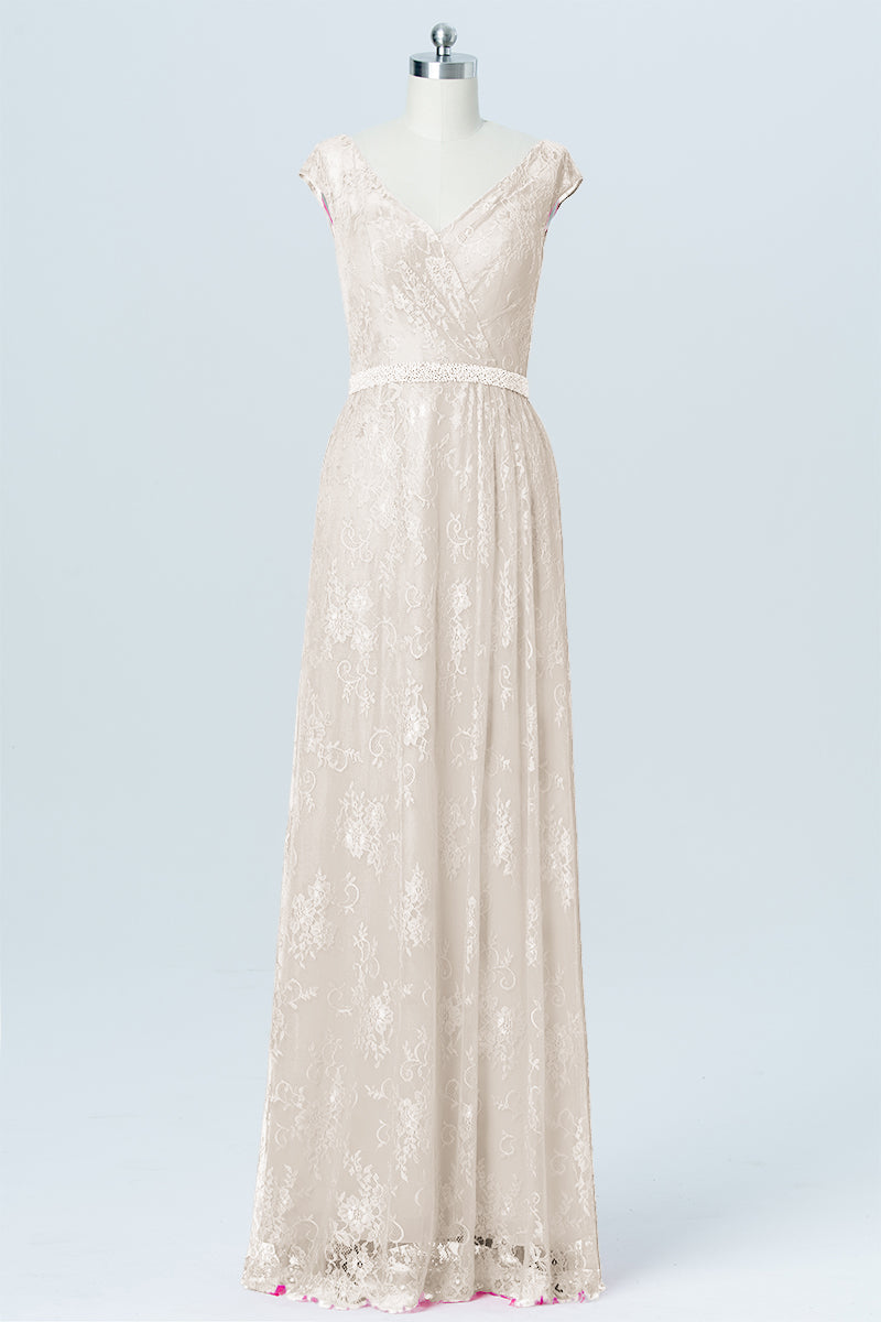 Lace Column V-Neck Cap Sleeves Bridesmaid Dress-B03000