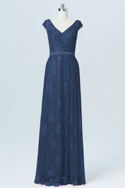 Lace Column V-Neck Cap Sleeves Bridesmaid Dress-B03000