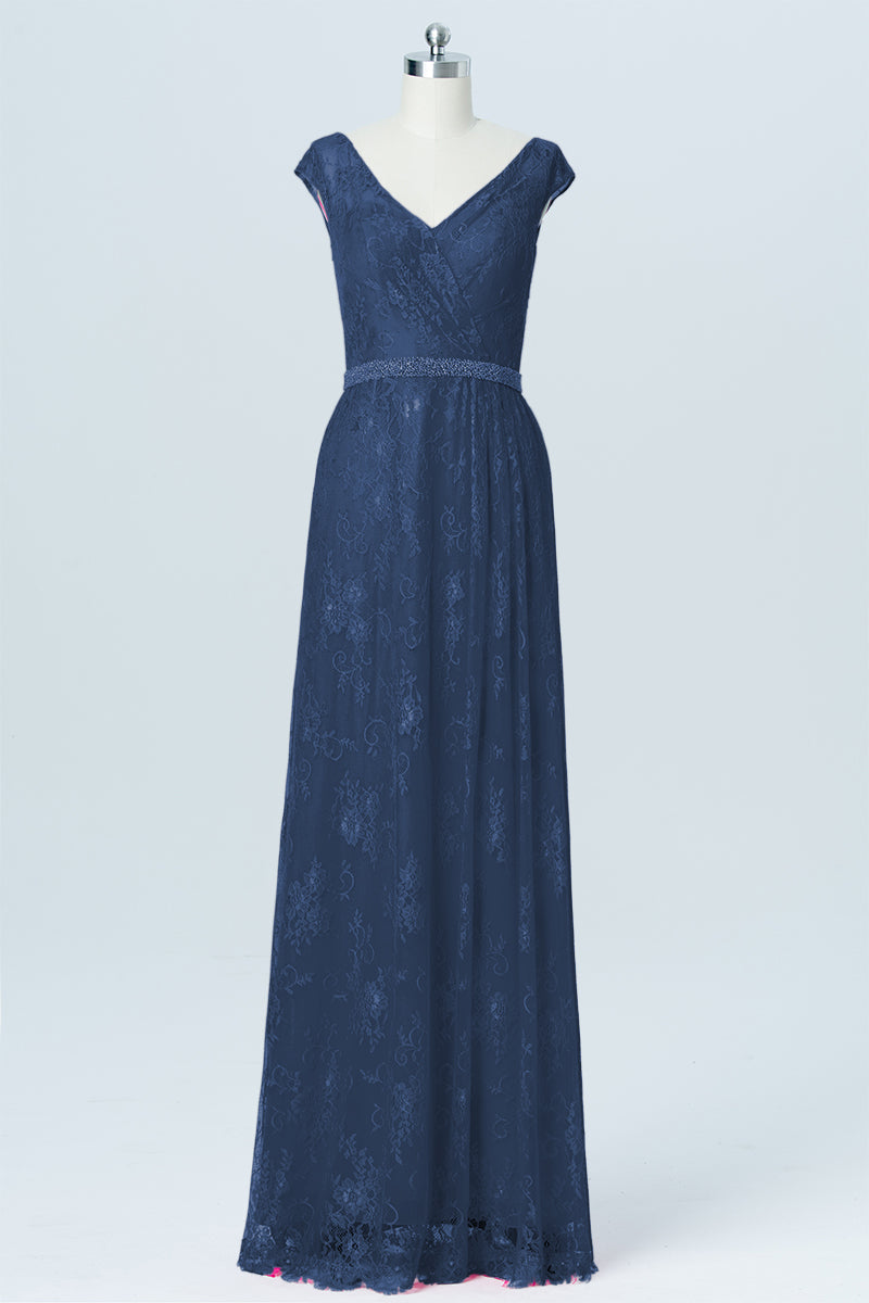 Lace Column V-Neck Cap Sleeves Bridesmaid Dress-B03000