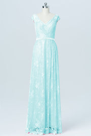 Lace Column V-Neck Cap Sleeves Bridesmaid Dress-B03000
