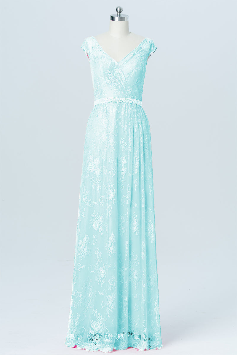 Lace Column V-Neck Cap Sleeves Bridesmaid Dress-B03000