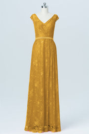 Lace Column V-Neck Cap Sleeves Bridesmaid Dress-B03000
