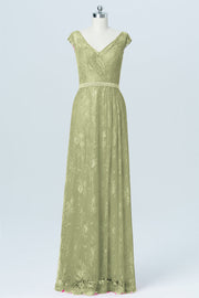 Lace Column V-Neck Cap Sleeves Bridesmaid Dress-B03000