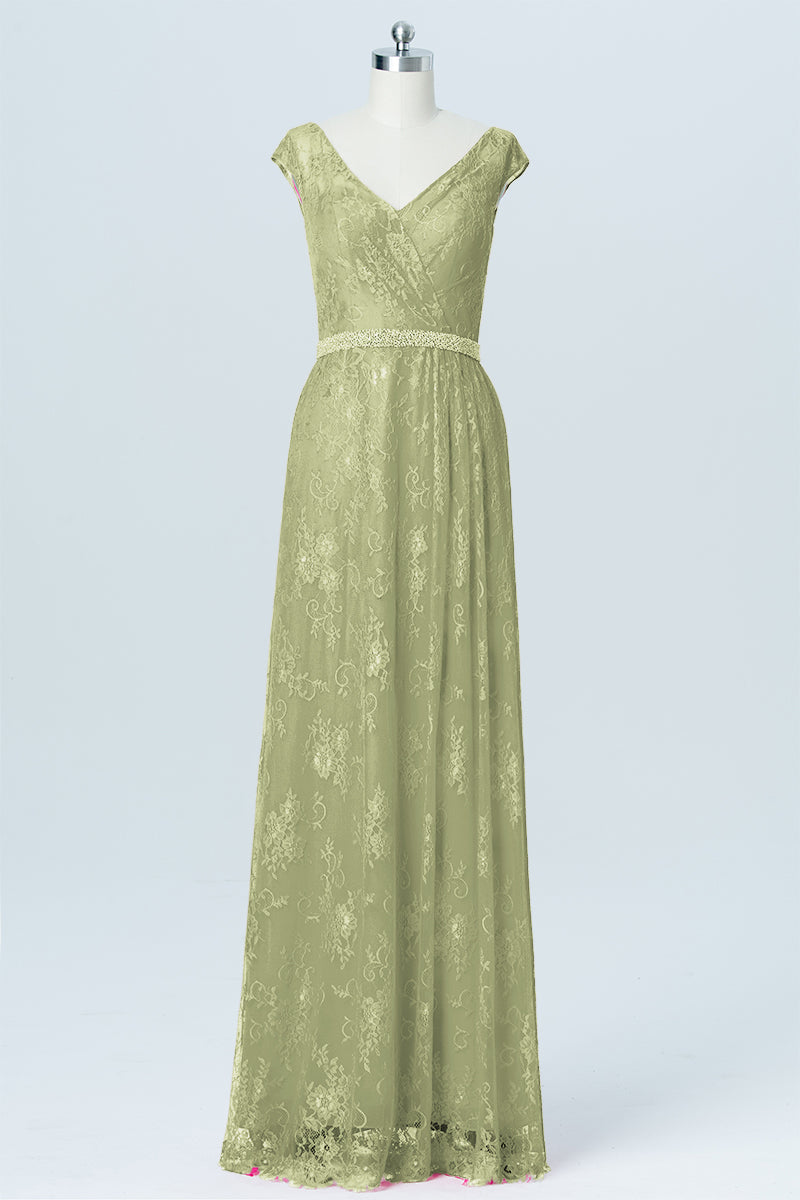 Lace Column V-Neck Cap Sleeves Bridesmaid Dress-B03000