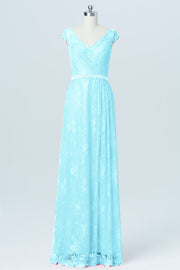 Lace Column V-Neck Cap Sleeves Bridesmaid Dress-B03000