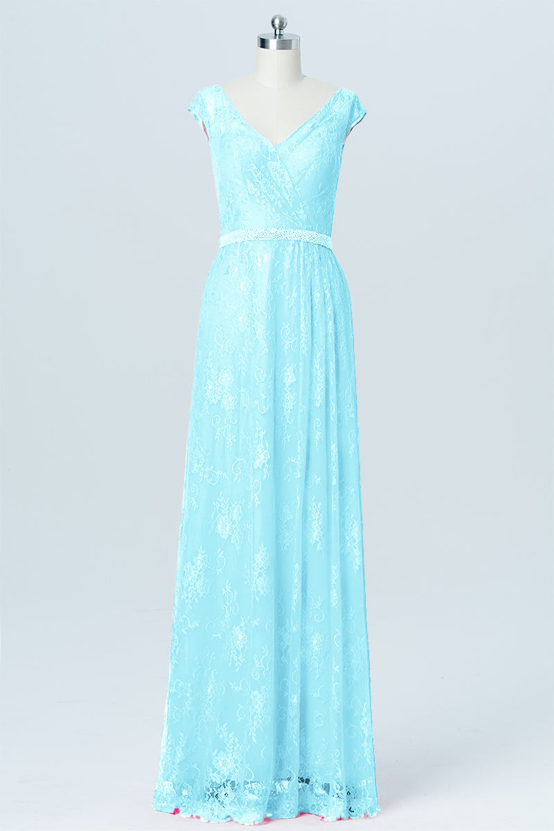 Lace Column V-Neck Cap Sleeves Bridesmaid Dress-B03000