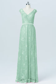 Lace Column V-Neck Cap Sleeves Bridesmaid Dress-B03000