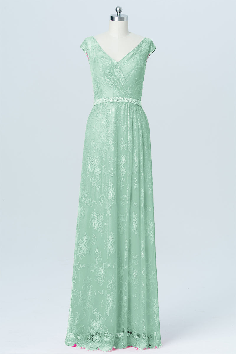 Lace Column V-Neck Cap Sleeves Bridesmaid Dress-B03000
