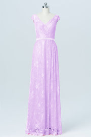 Lace Column V-Neck Cap Sleeves Bridesmaid Dress-B03000