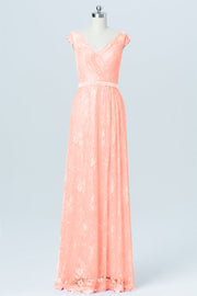 Lace Column V-Neck Cap Sleeves Bridesmaid Dress-B03000