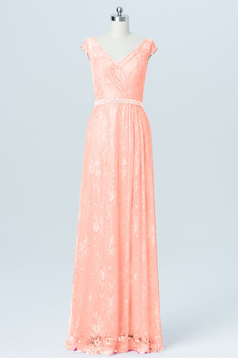Lace Column V-Neck Cap Sleeves Bridesmaid Dress-B03000
